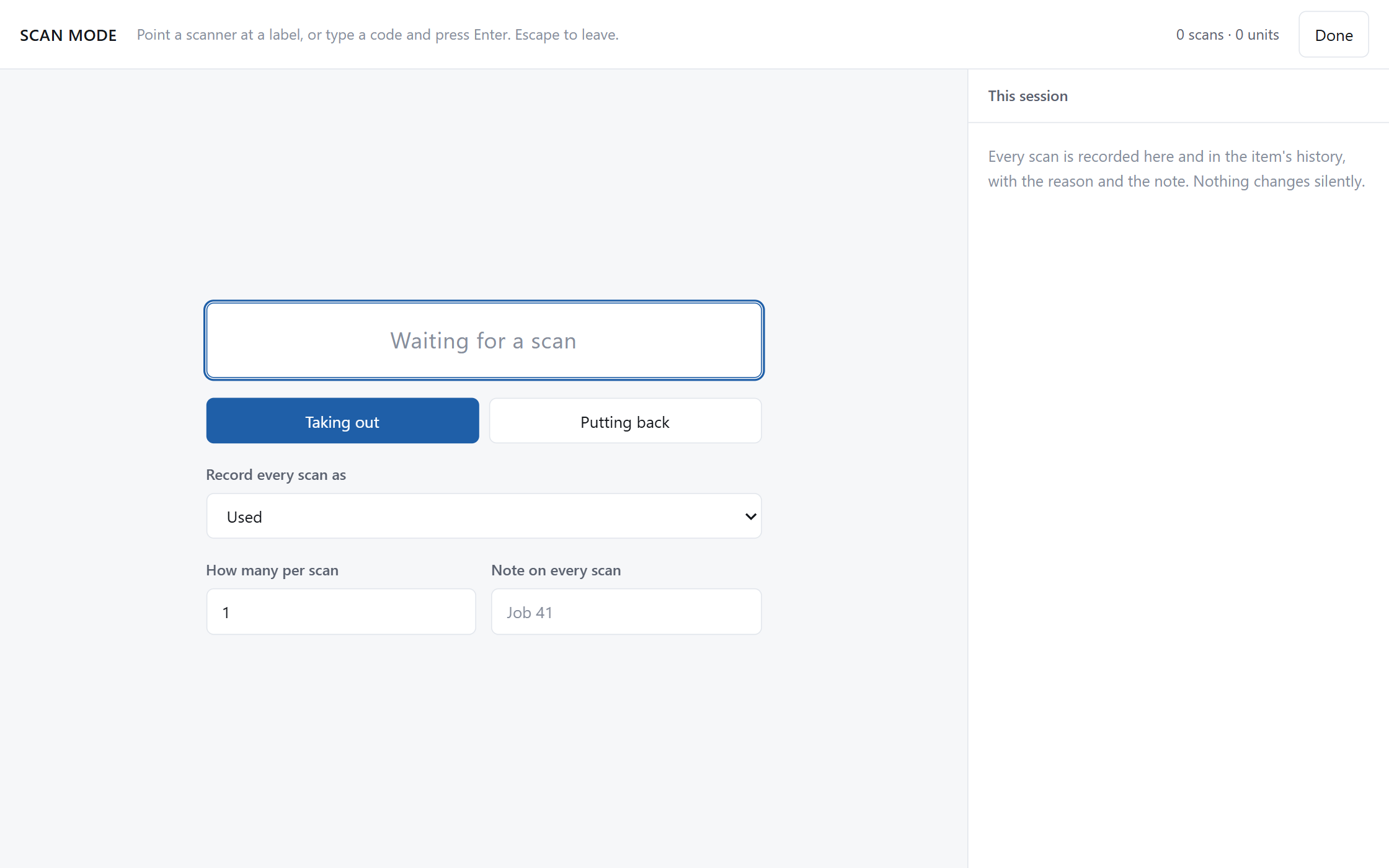 Scan mode: a single large input box waiting for a barcode, with a running log of scans beside it and a toggle between taking out and putting back.
